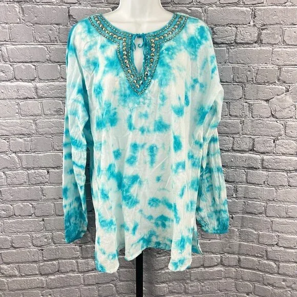 OSO Casuals Blue Tie Dye Tunic Stud Detail neck Size L - Picture 1 of 8